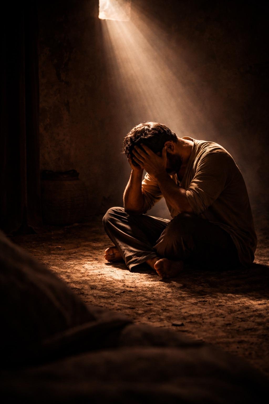Person in darkness looking for hope and God's guidance, illustrating the struggle behind john 3:36 meaning