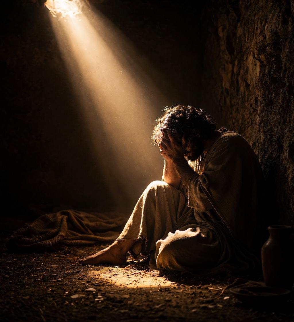 Believer praying in darkness while seeking God's direction and peace, reflecting john 3:36 meaning